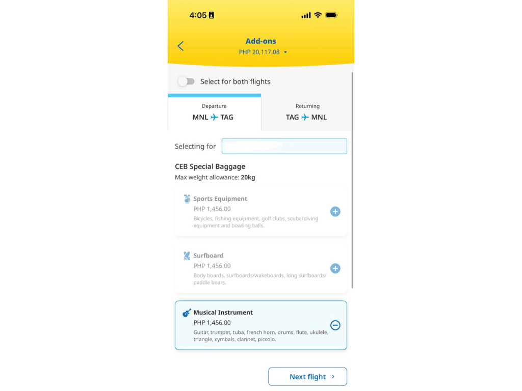 Seen here in this sample booking, Cebu Pacific's booking app also clearly shows how special baggage may be brought onboard aircraft and how much is charged./Cebu Pacific app