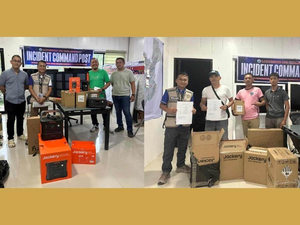 Key officials from the Municipalities of Malapatan and Glan in Sarangani received Jackery portable power stations and solar panels at the Malapatan Incident Command Post. | Contributed photo