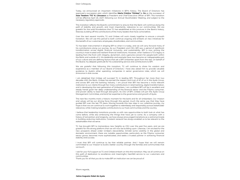 BPI chair Zobel's letter to the staff sent out this morning (signature redacted)./Contributed