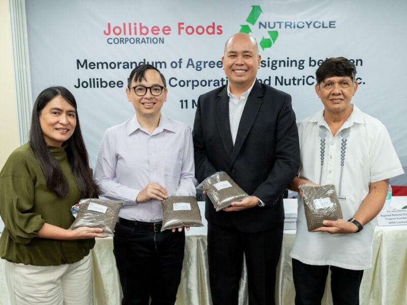 From Left: Monina Cacayan, Vice President and Head of Jollibee Worldwide Services, Finance & Accounting, and Human Resources; Michael Ong, President and Head of Manufacturing & Logistics, Jollibee Group; Engr. Dino Simbulan, President, Nutricycle Inc.; and Yul Jose Malicsi, Regional National Greening Program Coordinator, Department of Environment and Natural Resources (DENR) Calabarzon./Photo from Jollibee 