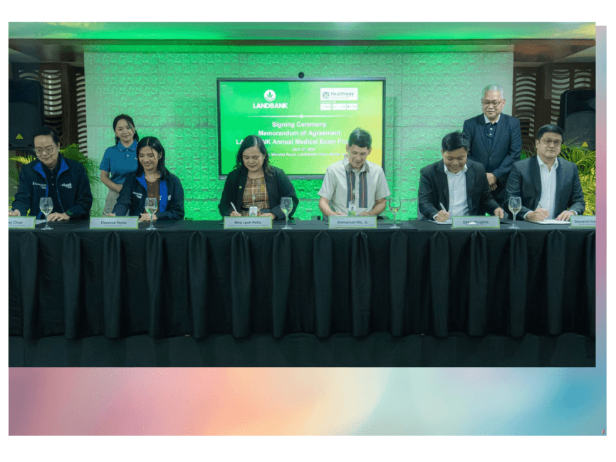 Representatives of KonsultaMD, LANDBANK and Healthway Medical Network formalize their partnership for LANDBANK&rsquo;s Annual Medical Examination (AME) Program. From left: KonsultaMD VP for technology Stanley Chua; KonsultaMD head of B2B Florence Pacia; LANDBANK Employee Relations Department VP Mira Leah B. Patio; LANDBANK human resource management group first vice president and head Emmanuel Hio Jr.; Healthway Multi-Specialty Centers and Corporate Health Solutions COO Edwin Magsino; and Healthway corporate health solutions head Dr. Giovanni Inocencio. ​| Contributed photo