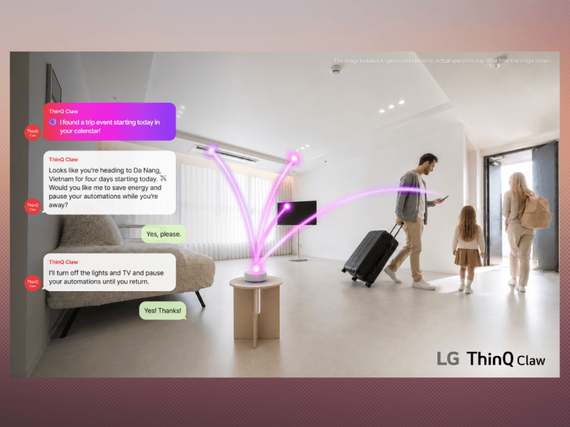 LG ThinQ Claw is designed to use contextual information, such as calendar events, to recommend actions across connected devices. In this illustration, the AI agent suggests pausing home automations and switching off devices while residents are away. | Contributed photo