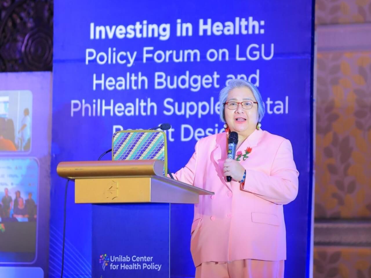 Dr. Maria Eufemia C. Yap presents the findings of the study “Maximizing Local Government Fiscal Performance of Health Budget” during the recent 2nd Unilab Center for Health Policy symposium. | Contributed photo