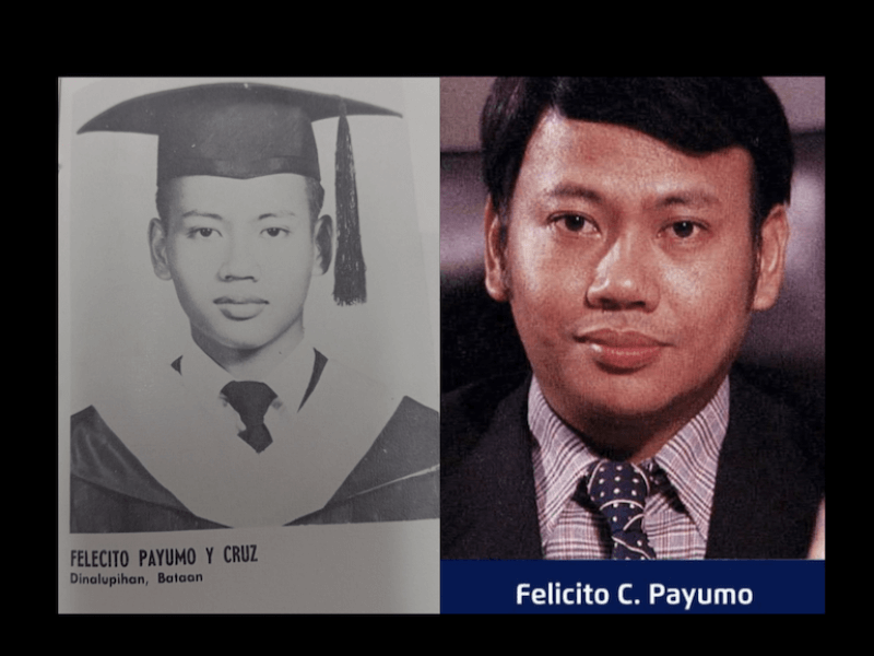 A young Felicito Payumo during his graduation years (left) and later as executive vice president of Engineering Equipment Inc.