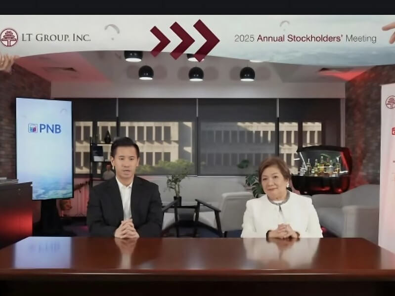 LT Group president Lucio Tan III and corporate secretary Cecille Pesayco conduct Wednesday morning's online annual stockholders' meeting./Screenshot by Dax Lucas