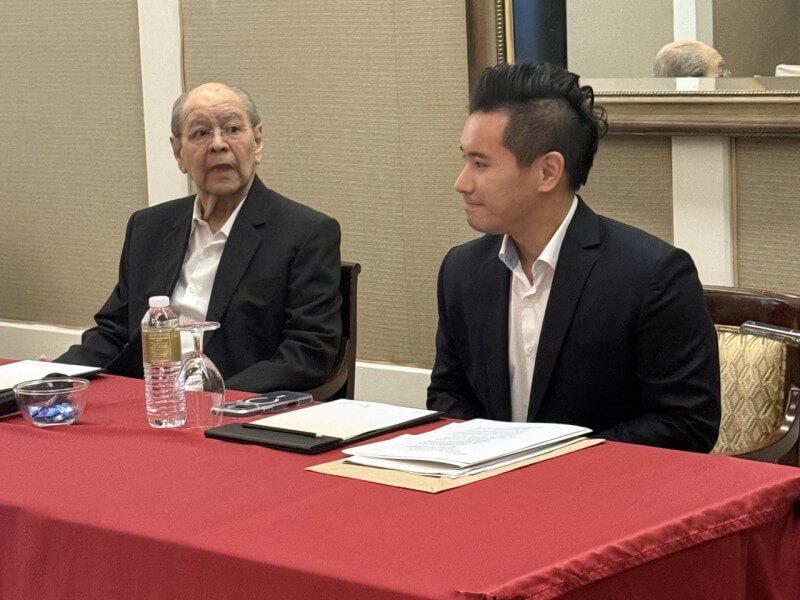 Lucio Tan III, president of LT Group Inc., joins chief finance officer Jose Gabriel D. Olives during the conglomerate&rsquo;s first in-person media briefing since the pandemic following its annual stockholders&rsquo; meeting on Wednesday./Photo by Miguel R. Camus&nbsp;