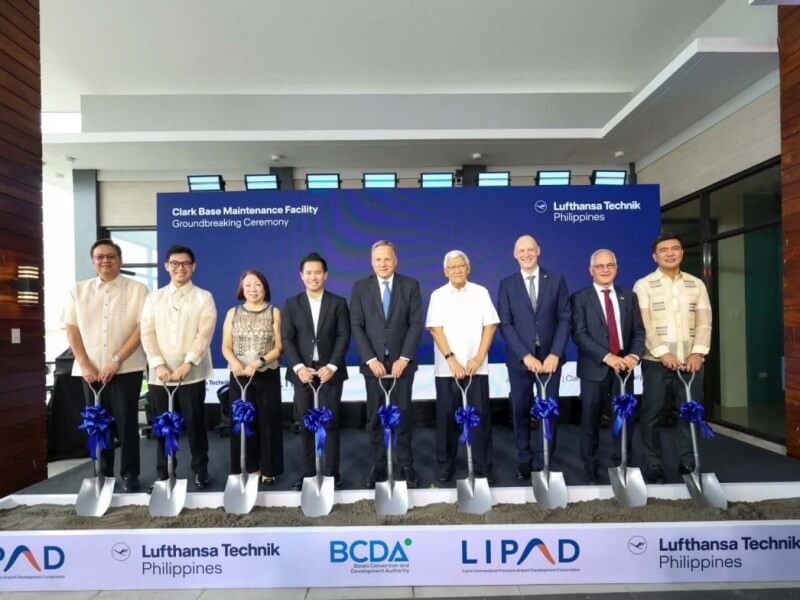From left, LIPAD Pres and CEO Mr Noel Manankil, MacroAsia President and COO Mr Eduardo Luy, LIPAD Chairman and Filinvest Vice-Chairman Mrs Josephine Gotianun-Yap, Macro Asia Corp Co-Chairman Lucio Tan III, Lufthansa Technik CEO Mr. Soeren Stark, DOTR Undersecretary Capt Jim Sydiongco, Lufthansa Technik Philippines President and CEO Mr. Holger Beck, German Ambassador to the Philippines is Dr. Andreas Michael Pfaffernoschke, BCDA President and CEO Engr Joshua Bingcang/Photo from LIPAD