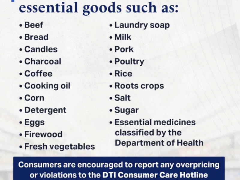 Food and other essential items are covered by the price freeze in Metro Manila, according to the DTI. 