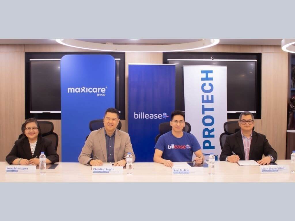 From left: Josephine Lopez (Maxicare Health Services Inc. president and chief executive officer), Christian Argos (Maxicare Group president and chief executive officer), Kurt Molina (Billease head of POS Product), and Mark Eliezer Villola (Protech Country general manager) during the signing ceremony of the Maxicare Group and Billease, where accessible healthcare merges with financial technology innovation. | Contributed photo