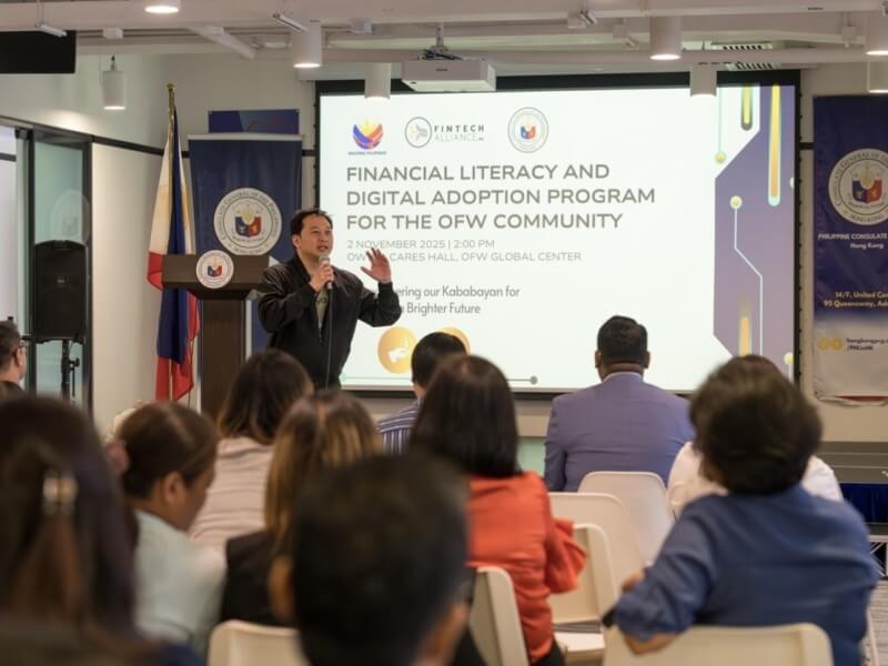 Maya Head of Corporate Affairs Toff Rada speaks at the Financial Literacy and Digital Adoption Program for the OFW Community in Hong Kong, organized by FintechAlliance.PH in coordination with the Philippine Consulate General. | Contributed photo