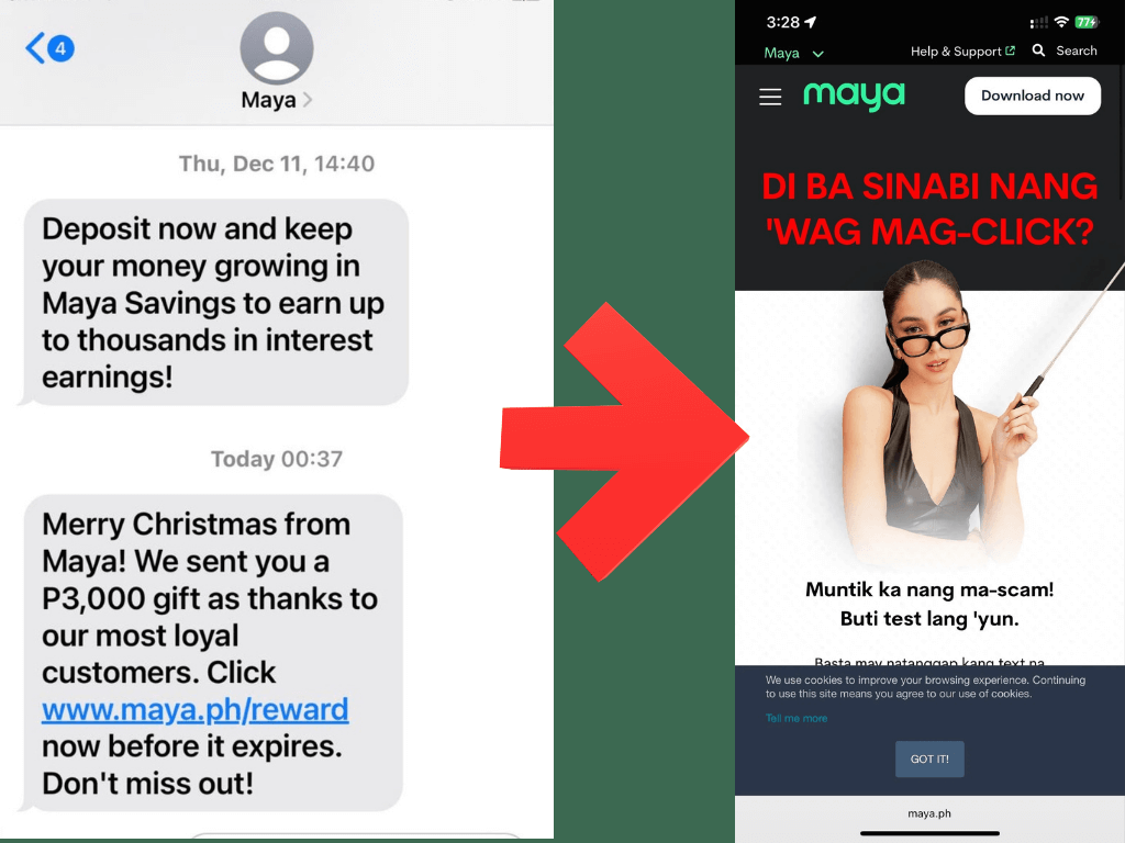 The message from Maya (right) when users click on the simulated scam message (left) that the firm itself sent out to users as part of its cybersecurity campaign./Contributed Photos