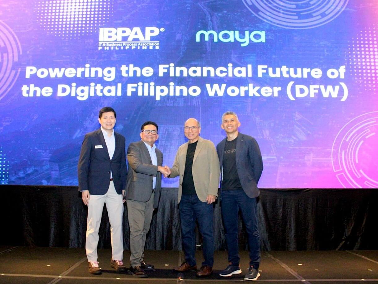 Maya and the IT and Business Process Association of the Philippines (IBPAP) launch a partnership to expand savings and responsible credit access for digital Filipino workers. From left: James Melon, Maya Business Segment head; Jack Madrid, president and CEO, IBPAP; Orlando Vea, Maya CEO-founder and Maya Bank co-founder; and Angelo Madrid, Maya Bank president. | Contributed photo