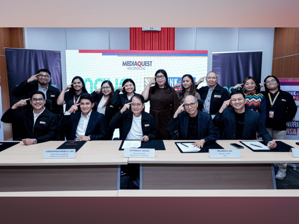 Standing, from left: Media5 head of integrated creatives Red Redrico, MQ Digital marketing manager Princess Daquigan, Media5 associate creative director DJ San Jose, &nbsp;Maya head of corporate communications and public relations Nick Wilwayco, Maya ESG officer Jackielyn Diola, MediaQuest corporate communications consultant Mon Isberto, MediaQuest corporate affairs and communications manager Steff Salac, MediaQuest corporate affairs and communications supervisor Kimmie Llanes. Seated, from left: MediaQuest corporate affairs and communications head Charles Lejano, MediaQuest CFO Christopher Lizo, MediaQuest president and CEO Ricky Vargas, &nbsp;Maya CEO-founder Orlando Vea, and &nbsp;Maya corporate affairs head Kristoffer Rada.| Contributed photo