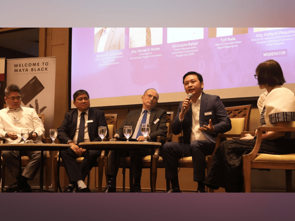 Kristoffer Rada, Maya head of corporate affairs (second from right), joins the ECCP Future of Work Forum with (from left) House of Representatives CPBRD Economic Development Group chief Ephraim D. Valenzuela, NLRC Commissioner Hernan G. Nicdao, UNDP country representative Christophe Bahuet, and moderator ECCP director for advocacy and government affairs Kathryn Pioquinto. | Contributed photo