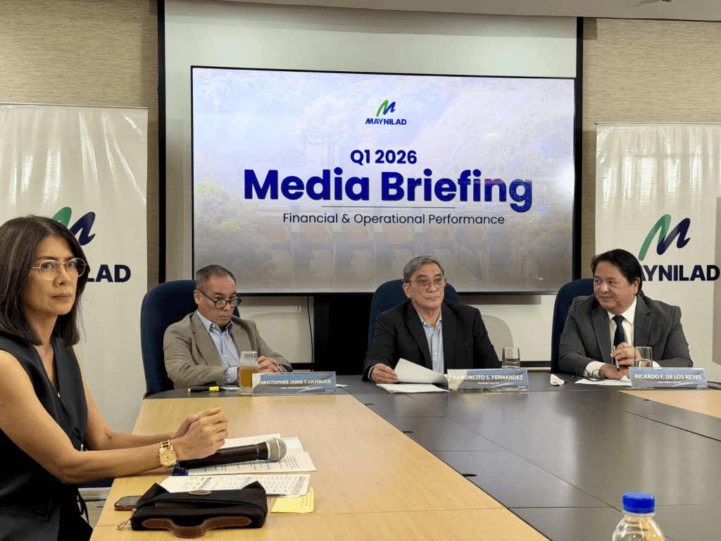 Left to right, Maynilad communications head Annette de Ocampo, chief operating officer Chris Lichauco, CEO Ramoncito Fernandez, and CFO Ricardo delos Reyes brief the media about the water utility&rsquo;s first quarter performance. | Photo by Dax Lucas