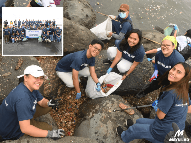 Maynilad employee-volunteers collect waste along SM By the Bay during the International Coastal Cleanup (ICC) 2025. Inset: Maynilad employees and media partners pose after gathering a total of 631 kilos of plastics, rubber, wood, and other debris. | Contributed photo