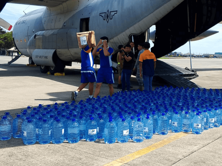 Six-liter bottles of drinking water are transported to Bicol via a C-130 aircraft./Contributed photo
