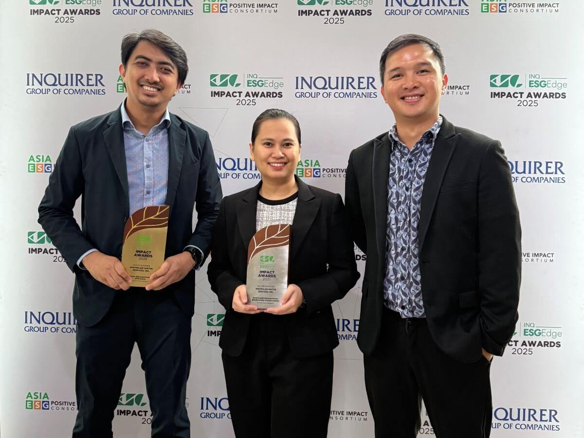 Maynilad officers (from left): Benson Jhon Martin (manager, Central NRW), Apple Joy Albero (assistant manager for quality, sustainability and resiliency), and John Emmanuel Martinez (sustainability head). | Contributed photo