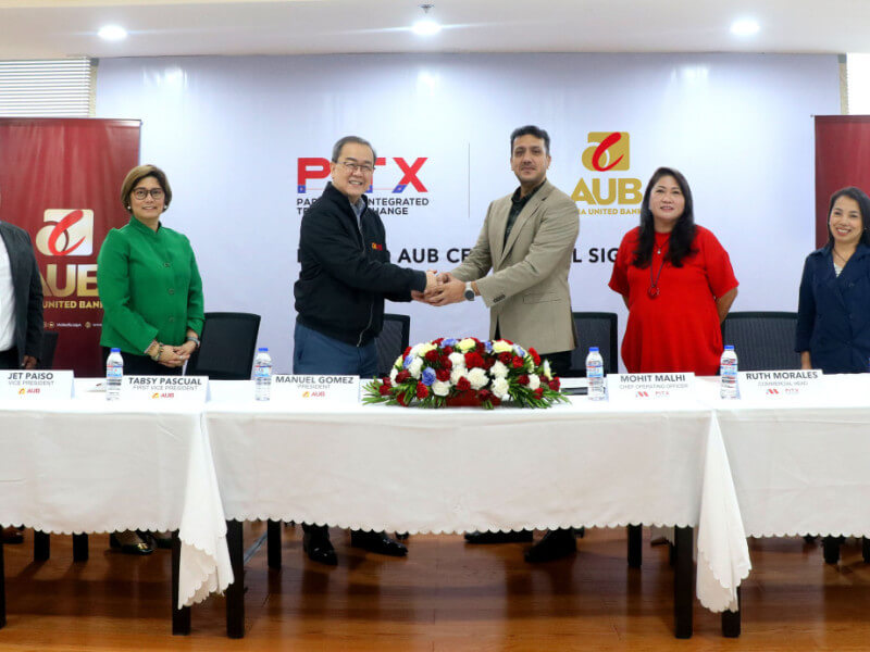 From left: AUB Vice President and Merchant Acquiring Business Head, Jet Paiso, AUB First Vice President and Salary Loans Head - Consumer Loans Group, Tabsy Pascual, AUB President Manuel Gomez, PITX Chief Operations Officer Mohit Malhi, PITX Commercial Head Ruth Morales, AUB Vice President and Salesforce Unit Head, Liway Palaganas. -Photo from Megawide 