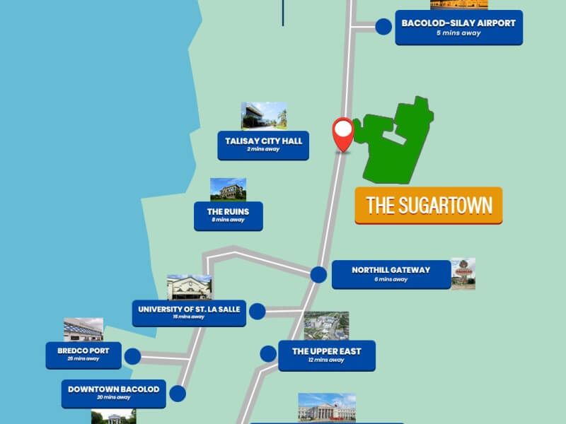Map highlights the location of Megaworld&rsquo;s P8-billion &ldquo;The Sugartown&rdquo; township, a 97-hectare project in Talisay City designed to capture airport-driven traffic and tourism growth in Negros Occidental.