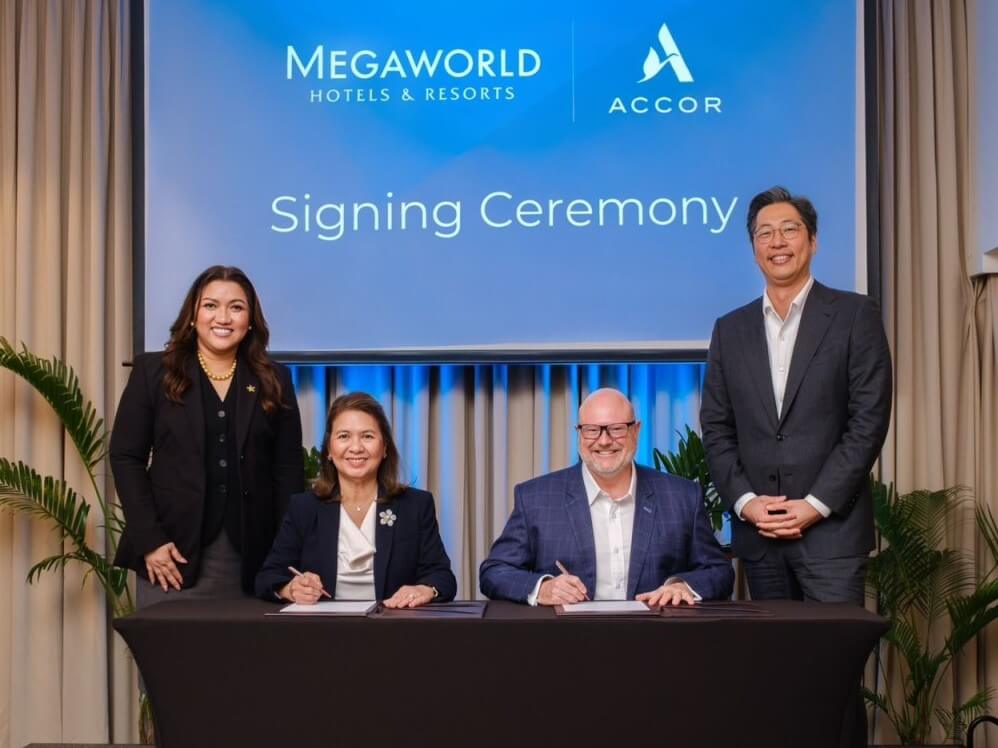 Leading the signing ceremony between Megaworld and Accor were Lourdes Gutierrez-Alfonso, president and CEO, Megaworld (seated, 2nd from left) and Andrew Langdon, chief development officer, Asia, Accor (seated, 2nd from right). Joining them were Cleofe Albiso, managing director, Megaworld Hotels & Resorts (left) and Chris Cho, vice president for development – Singapore, Philippines, Korea, and Maldives, Accor./Contributed photo
