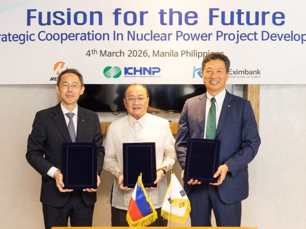 Present during the signing ceremony held at the Philippines-Korea Business Forum on March 4, 2026 in Pasay City were (L-R) KEXIM chair and CEO Kiyeon Hwang, Meralco chair and CEO Manuel V. Pangilinan, and KHNP CEO Dae Wook Chun. | Contributed photo