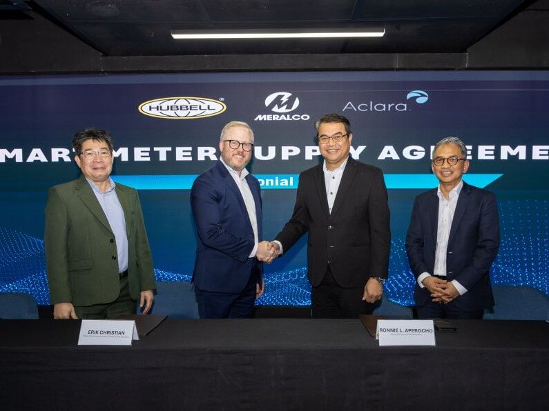 Meralco and Aclara Meters Philippines Inc. signed an agreement for the supply of smart meters that will support the distribution utility&rsquo;s Advanced Metering Infrastructure (AMI) Program. In photo are (L-R) Aclara Meters Philippines Inc. president and GM Waldo Darvin, Hubbell Inc. Grid Automation Division president Erik Christian, Meralco EVP and COO Ronnie L.Aperocho, and Meralco SVP and head of Networks Froilan J. Savet. | Contributed photo