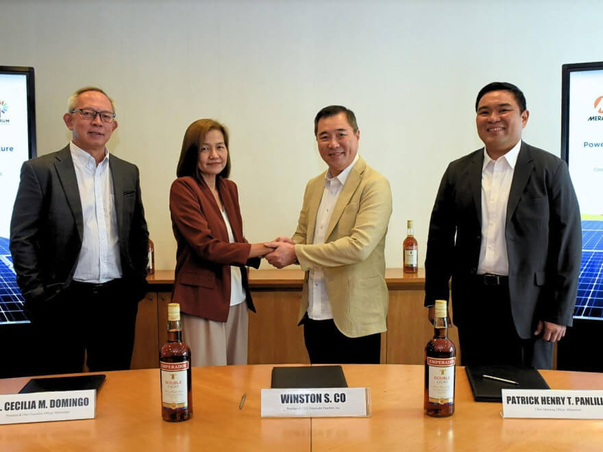 MSpectrum Inc. and Emperador Distillers Inc. have teamed up to provide the solar power requirement in the latter’s Laguna manufacturing plants. In photo are (from left) Anglo Watsons Glass Inc. president Alec M. Tempongko, MSpectrum president and CEO Ma. Cecilia M. Domingo, Emperador Distillers president and CEO Winston S. Co and MSpectrum COO Patrick Henry T. Panlilio./ Contributed photo