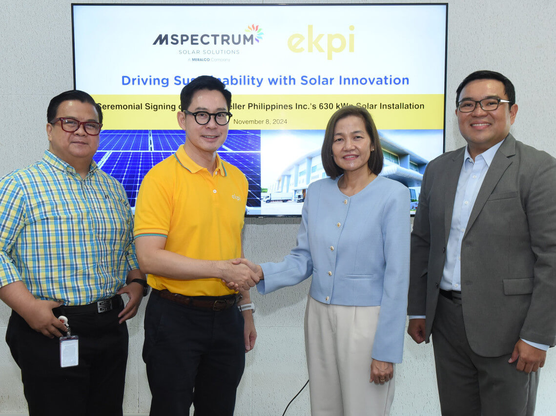 REDUCING OPERATIONAL COSTS AND CARBON FOOTPRINT THROUGH SOLAR.  (from left) EKPI country finance director Archimedes Angeles, EKPI president Alexander Ong Oh, MSpectrum president and CEO Ma. Cecilia M. Domingo and MSpectrum COO Patrick Henry T. Panlilio./ Contributed photo