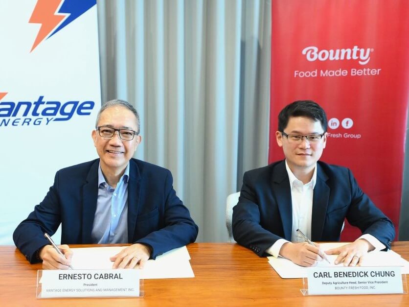 DRIVING SUSTAINABLE OPERATIONS. Vantage Energy president Ernesto M. Cabral (left) and Bounty Plus senior vice president and deputy agriculture head Carl Benedick Chung sign a new electricity supply agreement./Photo from Meralco