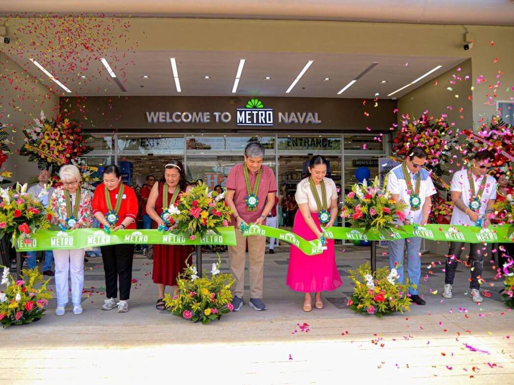 From left: Adelfa Chong, former property owner; Jacqueline B. Cano, VP for store operations, MetroRetail Stores Group Inc.; Merlie G. Casas, Punong Barangay of Brgy. Padre Inocentes Garcia; Joel Orense, president and COO, Metro Retail Stores Group Inc.; Gretchen Stephanie M. Espina, Municipal Mayor of Naval, Biliran; Rogelio J. Espina, Governor of Biliran; and Nick Arthur V. Parilla, Municipal Vice Mayor of Naval, Biliran, during the ribbon-cutting ceremony for Metro Gaisano Naval. | Contributed photo