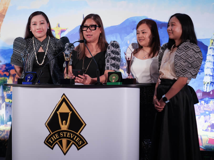 (From left): Metrobank's  brand development officer Bea Oliveros-Olba, corporate affairs head Estela Calderon, PR and corporate communications head Ann Gregorio, and corporate affairs officer Micah Alvarez receive the Gold Stevie for Metrobank./ Contributed ​photo