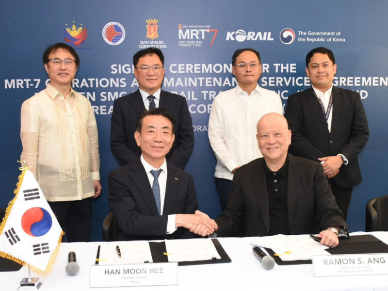SMC chair and CEO Ramon S. Ang (seated, right) and KORAIL President and CEO Han Moon Hee seal their deal at the San Miguel Corp. head office in Mandaluyong City on Tuesday, April 22, 2025. Standing from left are: South Korea Ambassador Lee Sang-hwa, Korea Ministry of Land, Infrastructure and Transport Vice Minister Baek Won Kug, DOTr Senior Undersecretary Giovanni Lopez, and DOTr Undersecretary for Railways Timothy John Batan. (Photo from SMC) 