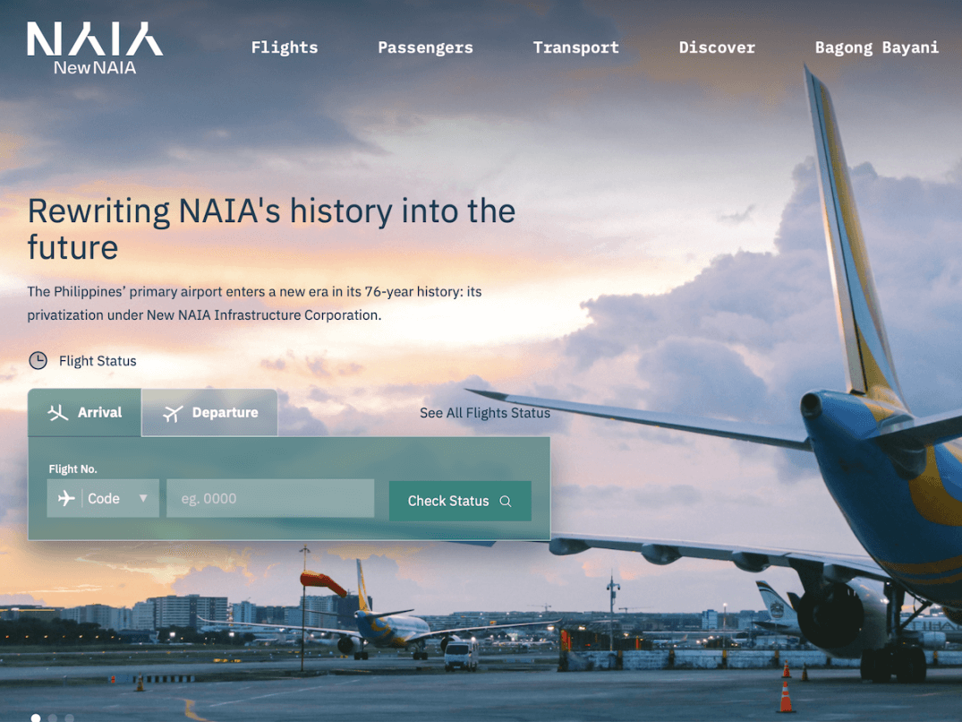 Homepage of the new NAIA website, which will show flight details as well as updates on the airport's facilities upgrades./Website screenshot