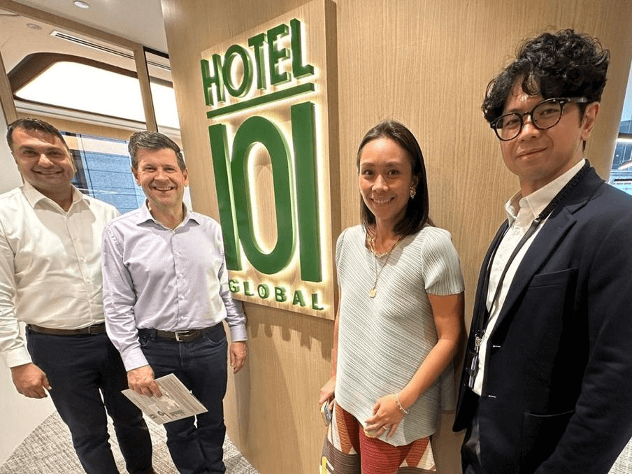 In photo L-R are Mr. Hiren Krishnani- NASDAQ IPO Director for Corporate Platforms, Mr. Robert H. McCooey Jr. - NASDAQ Vice Chairman, Ms. Hannah Yulo-Luccini - CEO of Hotel101 Global and Carlos Agana of Hotel101 Global Singapore (Photo courtesy of DoubleDragon)
