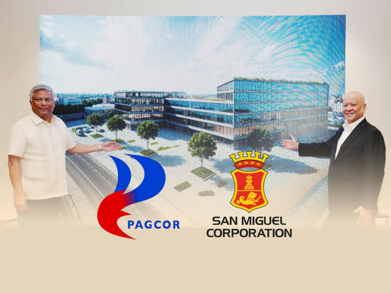 Pagcor chair and CEO Alejandro H. Tengco (left) and SMC Chairman Ramon S. Ang present the artist&rsquo;s perspective of the new Pagcor corporate office that will be constructed on a two-hectare area at the Nayong Pilipino Complex in Pasay City./Photo from Pagcor&nbsp;