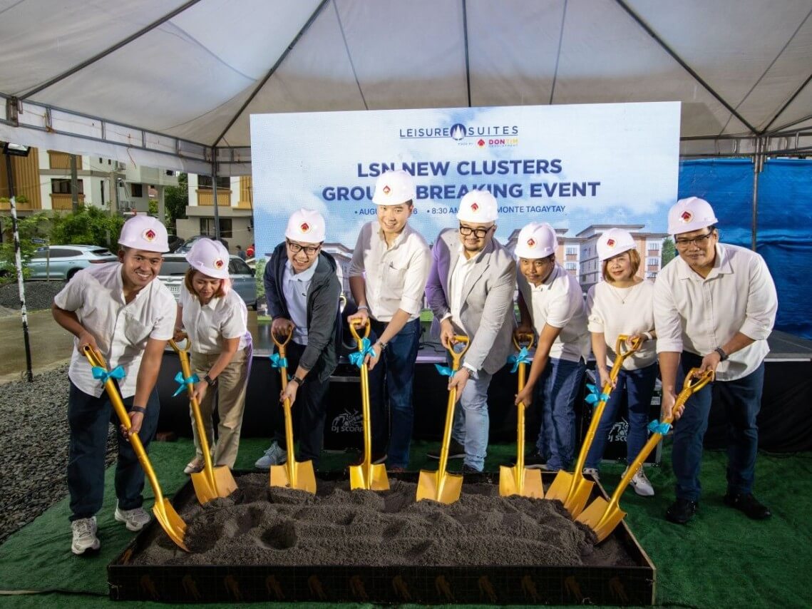 &nbsp;Key executives of Don Tim Development Corp. (DTDC) and project partners braved the heavy downpour on Aug. 8 to proceed with the groundbreaking ceremony for the newest cluster of Leisure Suites North in Tagaytay City. Standing strong together at the site are (from left) Engr. Kevin De Leon, PDI asst. manager; Mary Grace Malingin, PDI Makati head; Andrew Leong, DTDC chair; Audric Leong, DTDC CEO; Arch. Ni&ntilde;io Gajasan, founder, principal, and managing director of Linkages Real Estate, Planning & Design; Engr. Kevin Baliuag, PDI site head; Marissa Mallari, DTDC sales operations manager; and Roumell Estipullar, DTDC sales head.| Contributed photo