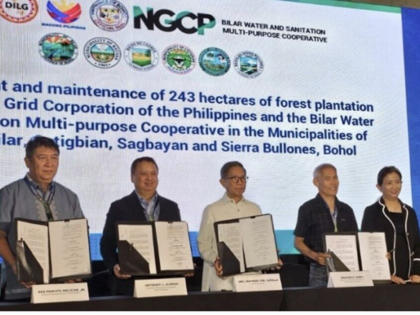 (From left) Paquito D. Melicor Jr. - Regional Executive Director, DENR Central Visayas; Anthony L. Almeda - president, NGCP;  Secretary Raphael Lotilla - DENR, and  Rizaleo C. Gahit, chair BWSMPCH/ Contributed photo