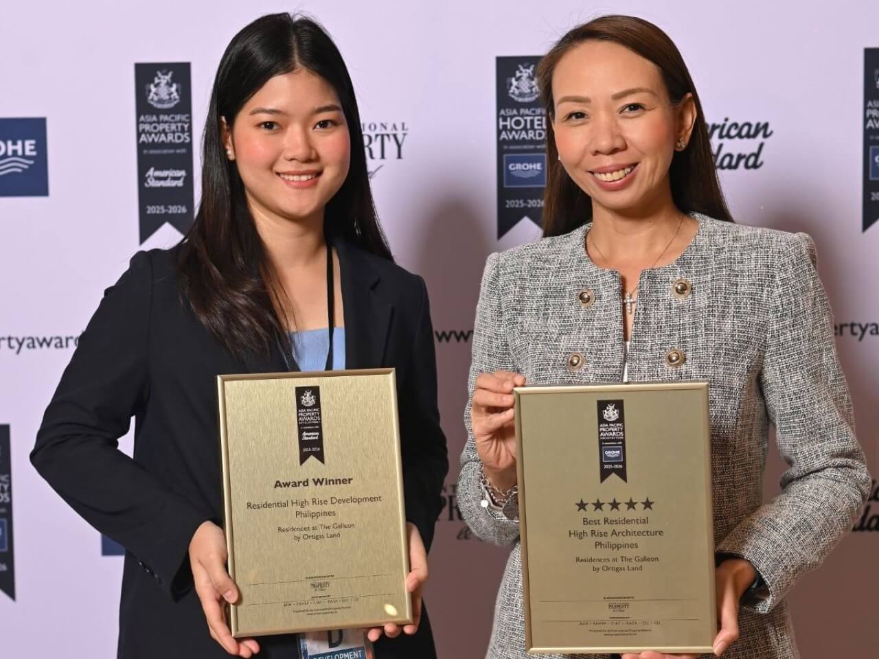 Ortigas Land’s Katherine Pacoma, senior digital marketing associate, and Jenna Belardo, vice president and head of the residential business unit, represent the company at the 2025 Asia Pacific Property Awards held in Bangkok, Thailand./Contributed photo