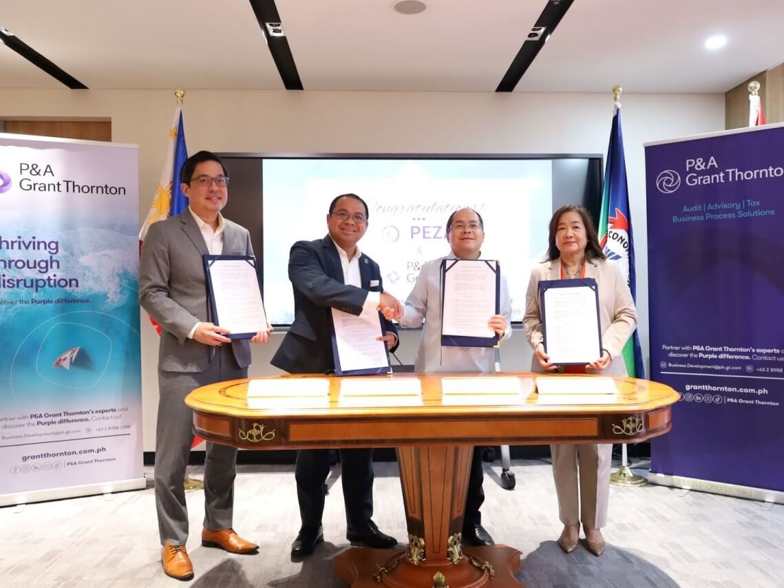 P&A Grant Thornton and the Philippine Economic Zone Authority (PEZA) formalize their partnership with the signing of a memorandum of understanding at the PEZA Head Office in Pasay City on July 30, 2026. From left are P&A Grant Thornton partner for audit and assurance and ecozone industry leader James Araullo, chairman and managing partner Romualdo &ldquo;Boyet&rdquo; V. Murcia III, PEZA Director General Tereso Panga, and Deputy Director General Vivian Santos. | Contributed photo