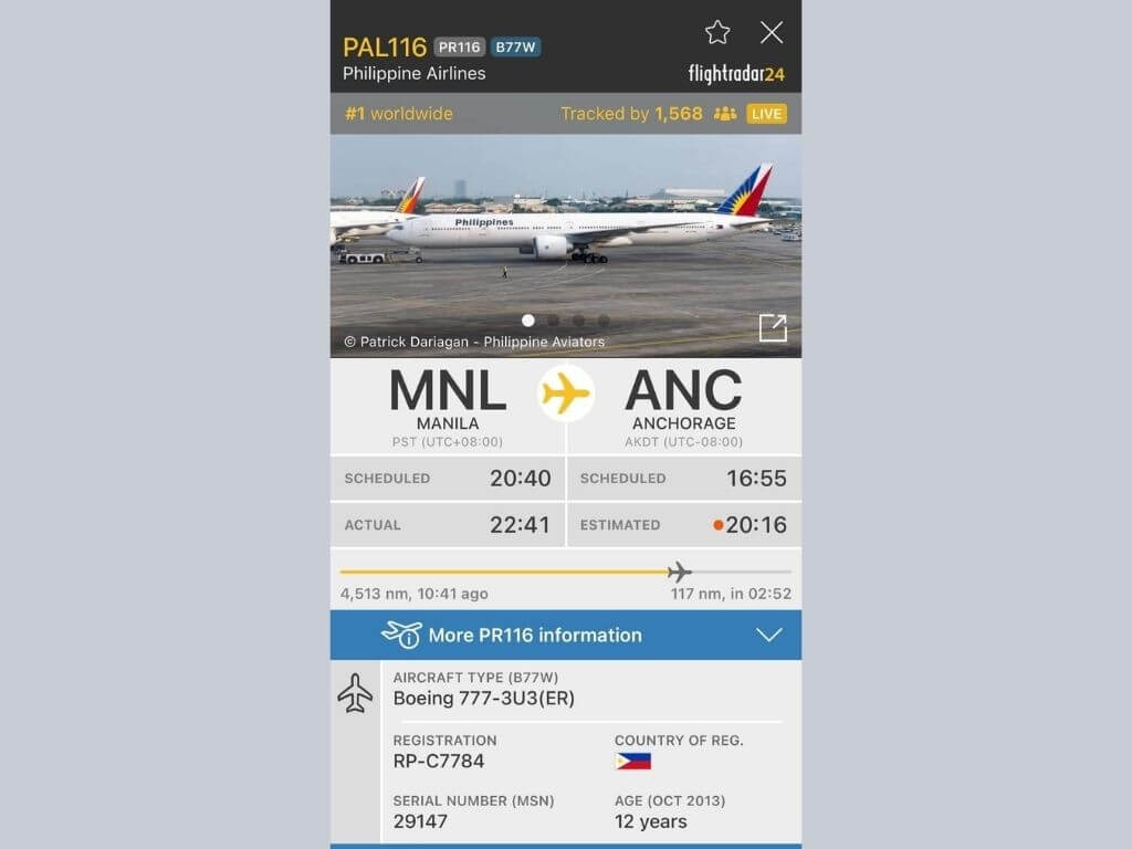 The diversion of PR116 is a precautionary measure being undertaken in accordance with established safety procedures. | Photo from FLIGHTRADAR24 ​app