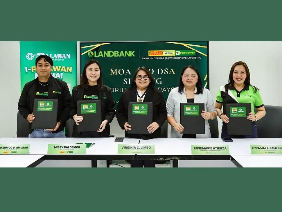 From left: Palawan key accounts supervisor Karlo Enrico Amurao; Palawan for Business head Missy Baldemor; LandBank Southwest Luzon Branches Group head Virginia C. Limbo; LandBank Southeast Luzon Branches Group head Rosemarie Atienza; and LandBank Calapan Branch head Lizza Mae F. Camposano. | Contributed photo