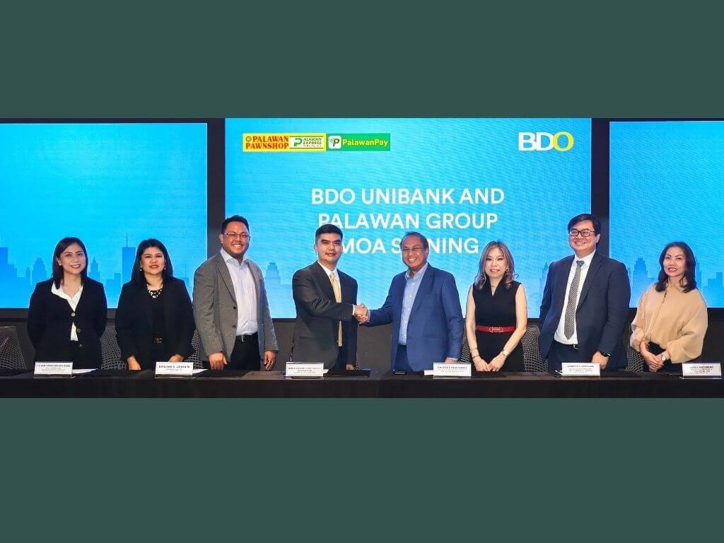 Executives from Palawan Group and BDO formalize their strategic partnership, launching a collaboration to deliver faster, more convenient financial services to Filipinos nationwide. | Contributed photo