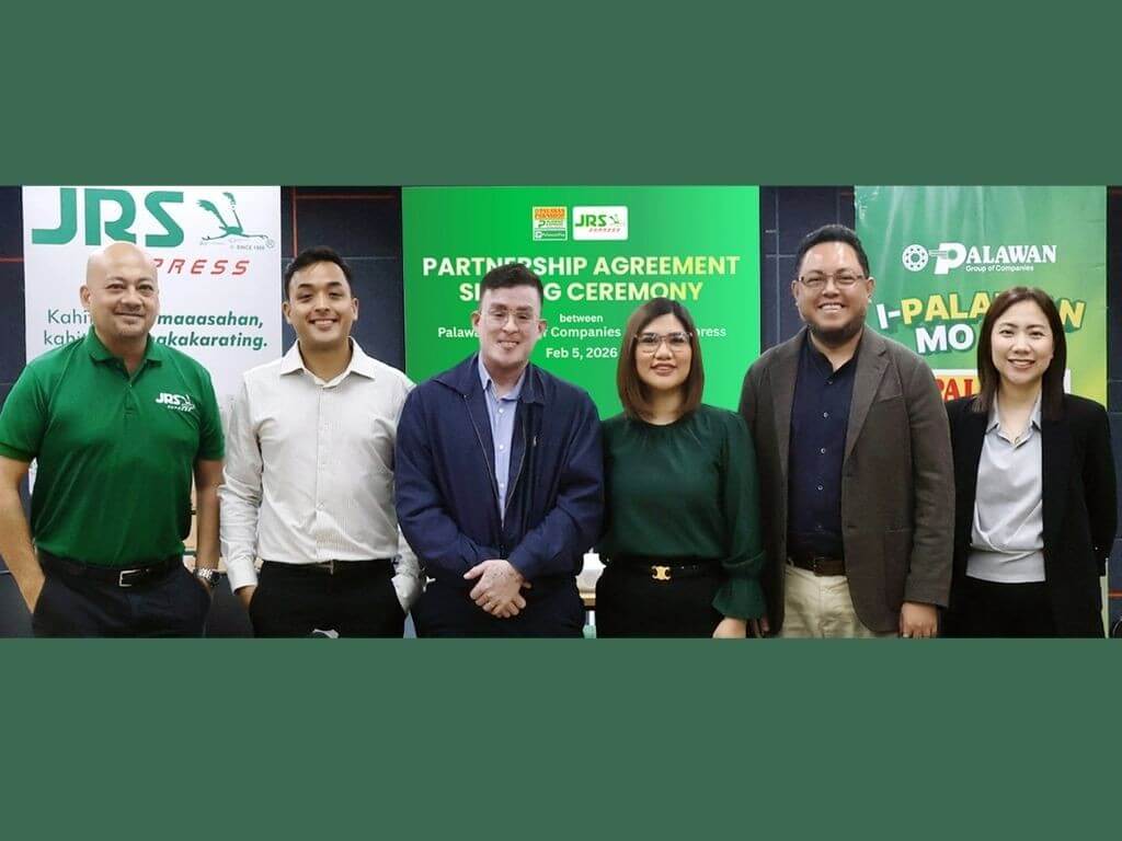 &nbsp;From left: JRS Express&rsquo; Gerard Payaoan, general manager; Jose Jaime Claparols, assistant vice president, and John Paul Claparols, vice president, with Palawan Group&rsquo;s Lisa Castro-Sabado, chief business development officer; Third Librea, chief executive officer and president of PalawanPay; and Missy Baldemor, Palawan business head. | Contributed photo