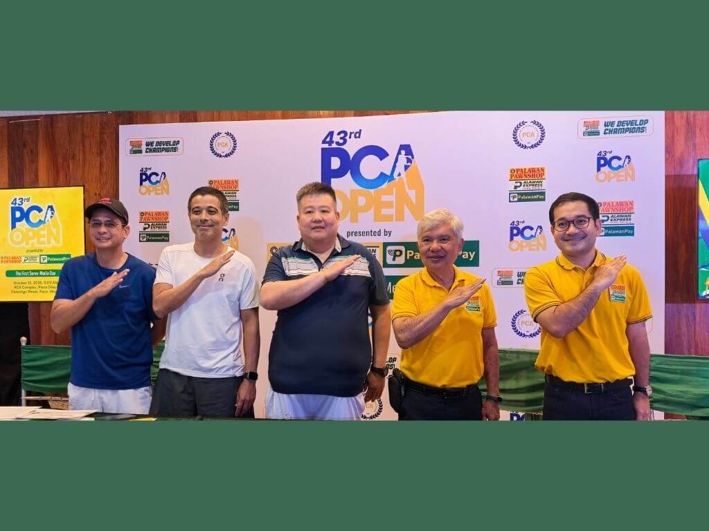 PCA Open committee member and ADMU Tennis head coach Chris Cuarto, PCA Open committee member and DLSU Tennis head coach Roland Kraut, PCA Open committee representative Ivan Ong, Palawan Group of Companies founder and chair Bobby L. Castro, and Palawan Group of Companies chief marketing officer Bernard V. Kaibigan. | Photo by Vanessa Hidalgo