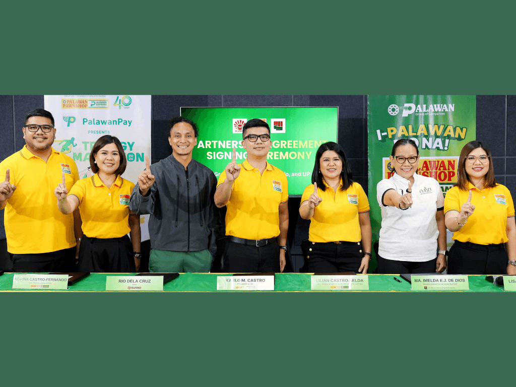 Palawan Group of Companies executives namely, COO Bobbit Castro, CHRO Korina Castro-Fernando, president and CEO Karlo M. Castro, CFO Lilian Castro-Selda, and CBDO Lisa Castro-Sabado, were joined by coach Rio De La Cruz of RunRio and Ma. Imelda E.J. De Dios of the UP Office for Athletics and Sports Development. | Contributed photo