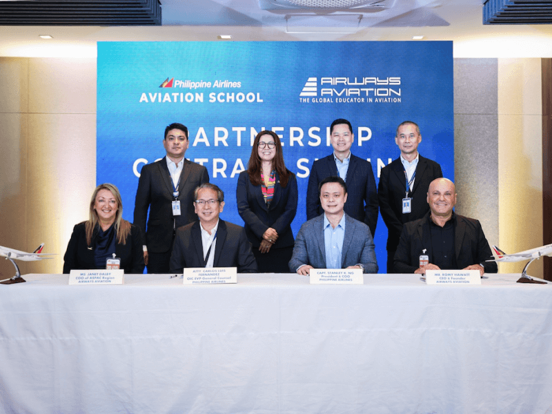 Senior executives of Philippine Airlines and Airways Aviation headed by (seated from left) Airways Aviation Group CEO Australasia and Pacific Janet Dalby, PAL OIC Executive Vice President Atty. Carlos Luis Fernandez, PAL President and Chief Operating Officer Capt. Stanley K. Ng and Airways Aviation Founder and Chairman Romy Hawatt signed the partnership contract on Thursday (April 10) in the presence of (standing from left) PAL Senior Vice President for Operations Capt. Roland Narciso, the Australian Ambassador to the Philippines, Her Excellency HK Yu, PAL Express President Rabbi Vincent Ang and PAL Assistant Vice President for PAL Aviation Training Center Capt. Ed Alfred Medina./Photo from PAL 