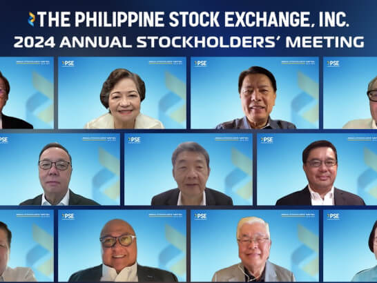 From left, by row: President and CEO Ramon Monzon, Chairman and Independent Director Jose Pardo, Independent Directors Chief Justice Teresita Leonardo-De Castro (ret.), Peter Favila, Andrew Jerome. Gan, and Vicente. Panlilio; Broker Directors Diosdado Arroyo, Eddie Gobing, Wilson Sy, Anthony Te, and Ma. Vivian Yuchengco; Director representing Issuers Atty. Marilyn Victorio-Aquino, Directors representing Investors Ferdinand Constantino and Jose Arnulfo Veloso, Director representing other Market Participants Edgardo Lacson, Treasurer Omelita Tiangco and Corporate Secretary Atty. Aissa Encarnacion. CLICK ON PHOTO TO SEE FULL IMAGE (Courtesy of PSE)