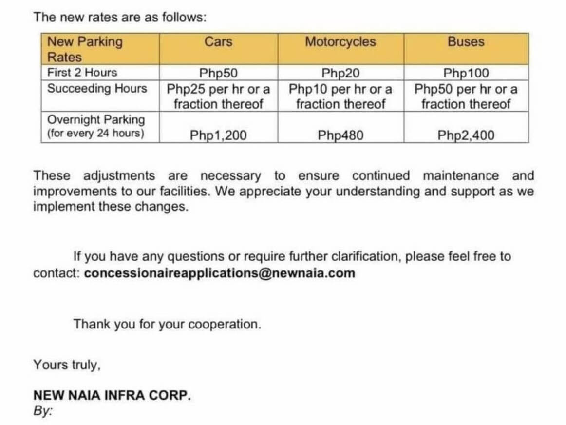 New rates for NAIA's parking facilities went into effect last Tuesday, Oct. 1. The private firm said it wants to discourage the abuse of the parking facilities by people with no airport business taking advantage of the cheap fees that have not bee adjusted in over a decade.  