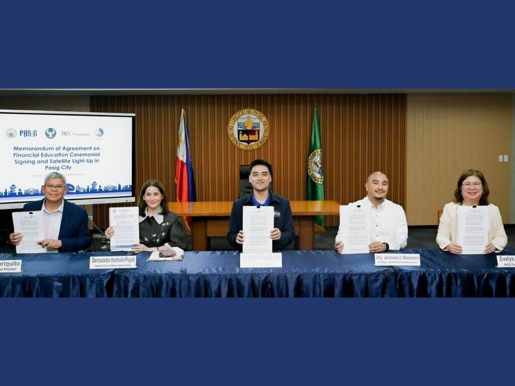 &nbsp;From left: BDO Foundation president Mario Deriquito, Bangko Sentral ng Pilipinas Deputy Governor Bernadette Romulo-Puyat, Pasig City Mayor Vico Sotto, Pasig City Administrator Atty. Jeronimo Manzanero, and BDO Foundation trustee Evelyn Salagubang show a copy of the signed memorandum of agreement. | Photo courtesy of the BSP